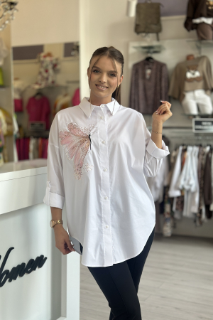 Camasa dama alba din bumbac universala mare cu broderie fluture [1]
