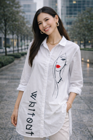 Camasi - Camasa dama alba tip tunica cu imprimeu minimalist