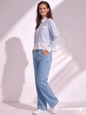 Camasi - Camasa dama albastra cu dungi albe si broderie florala