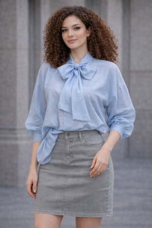 Colectia NOUA - Camasa dama albastra de in cu fundita la guler