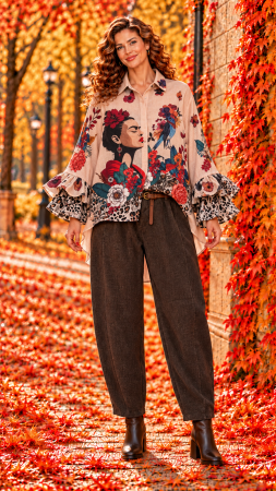 Colectia NOUA - Camasa dama bej cu imprimeu Frida si flori rosii