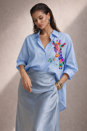 Colectia NOUA - Camasa dama bleu din bumbac cu imprimeu girafa multicolora