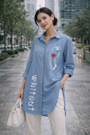 Camasi - Camasa dama bleu tip tunica cu imprimeu minimalist