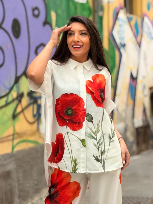 Camasi - Camasa dama din in cu imprimeu maci