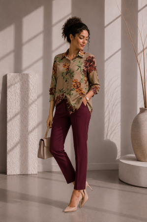 Camasi - Camasa dama din vascoza bej cu imprimeu floral