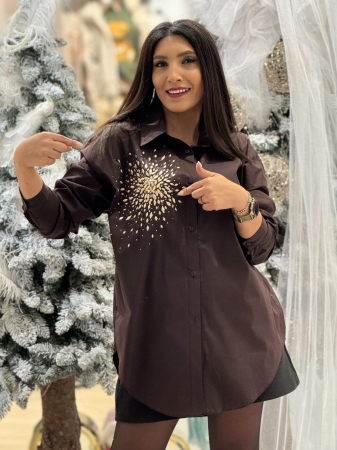 Camasi - Camasa dama maro din bumbac cu broderie crem si pietricele