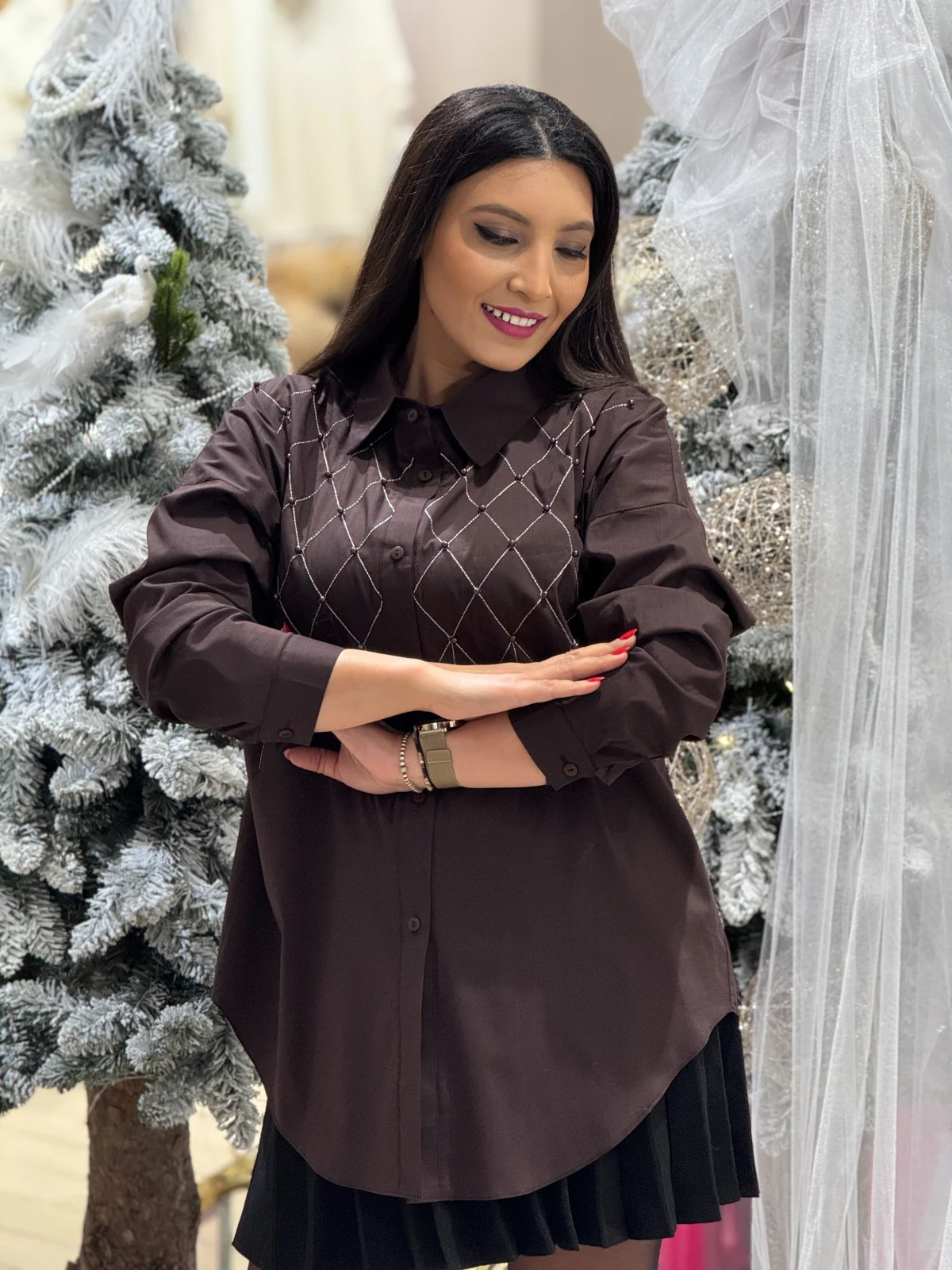 Camasa dama maro din bumbac cu broderie si perlute [1]