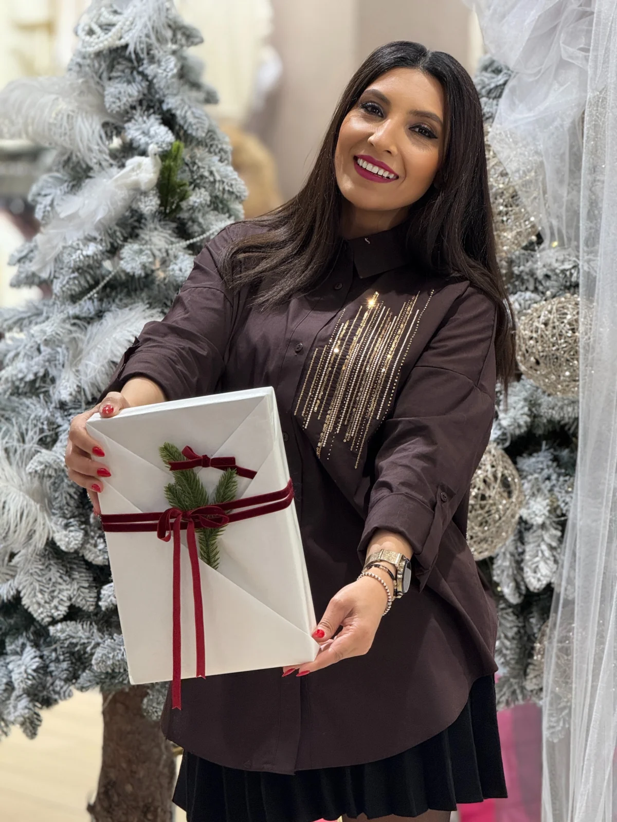 Camasa dama maro din bumbac cu dungi crem [1]