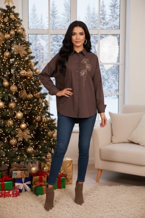 Noutati - Camasa dama maro din bumbac cu flori brodate