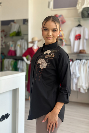 Camasa dama neagra din bumbac universala mica cu broderie flori maro [2]