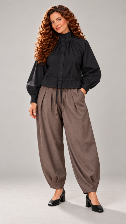 Camasi - Camasa dama neagra oversize cu guler rusesc si snur in talie