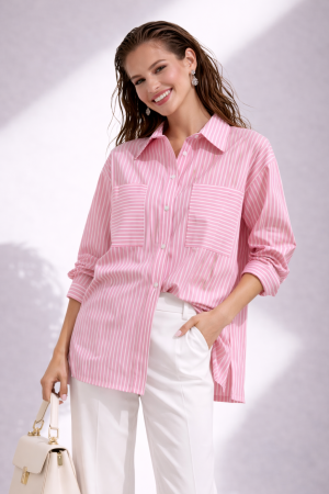 Colectia NOUA - Camasa dama roz cu dungi si buzunare supradimensionate