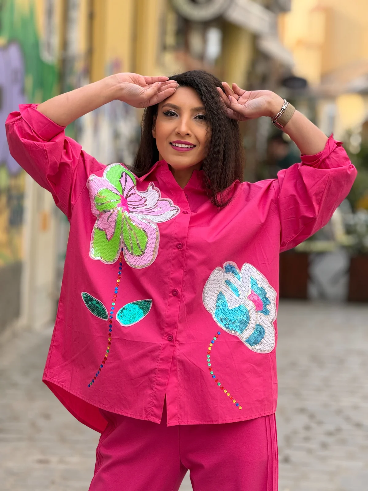 Camasi - Camasa dama roz din bumbac cu imprimeu flori din paiete