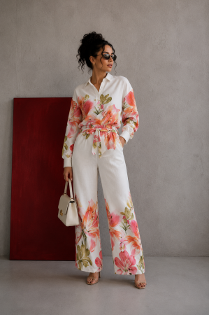 Costum si compleu - Compleu alb din bumbac cu imprimeu floral in nuante de corai