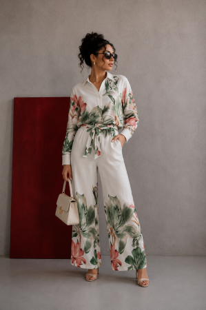 Costum si compleu - Compleu alb din bumbac cu imprimeu floral in nuante de verde