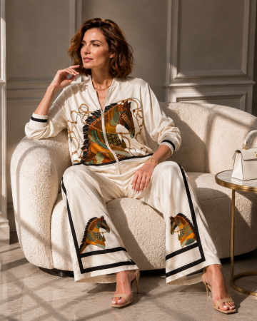 Costum si compleu - Compleu dama crem cu imprimeu cal