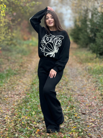 Costum si compleu - Compleu dama negru tricotat cu imprimeu fluturi