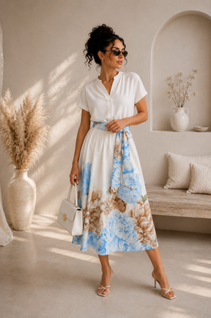 Fusta - Fusta midi alba cu imprimeu floral bleo
