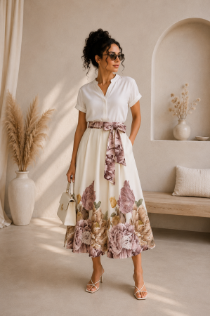 Fusta - Fusta midi alba cu imprimeu floral maro