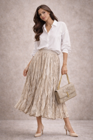 Fusta - Fusta midi bej creponata