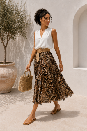 Fusta - Fusta midi bej plisata cu animal print