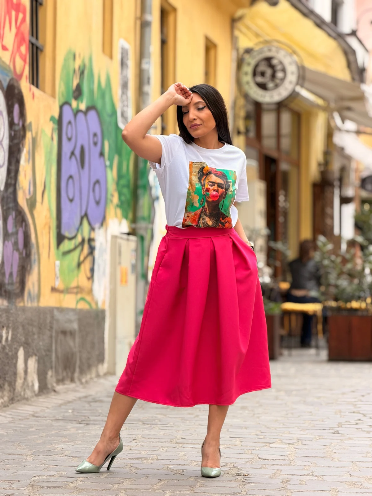 Fusta - Fusta midi fuxia cu pliuri si buzunare