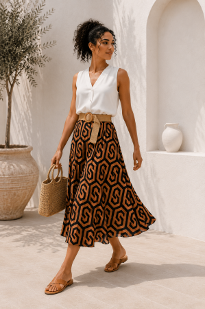 Fusta - Fusta midi maro cu imprimeu geometric negru