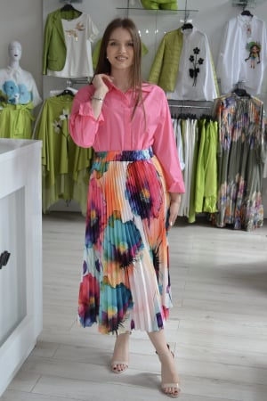 Fusta - Fusta midi plisata cu imprimeu floral fucsia si turcoaz pe fundal alb