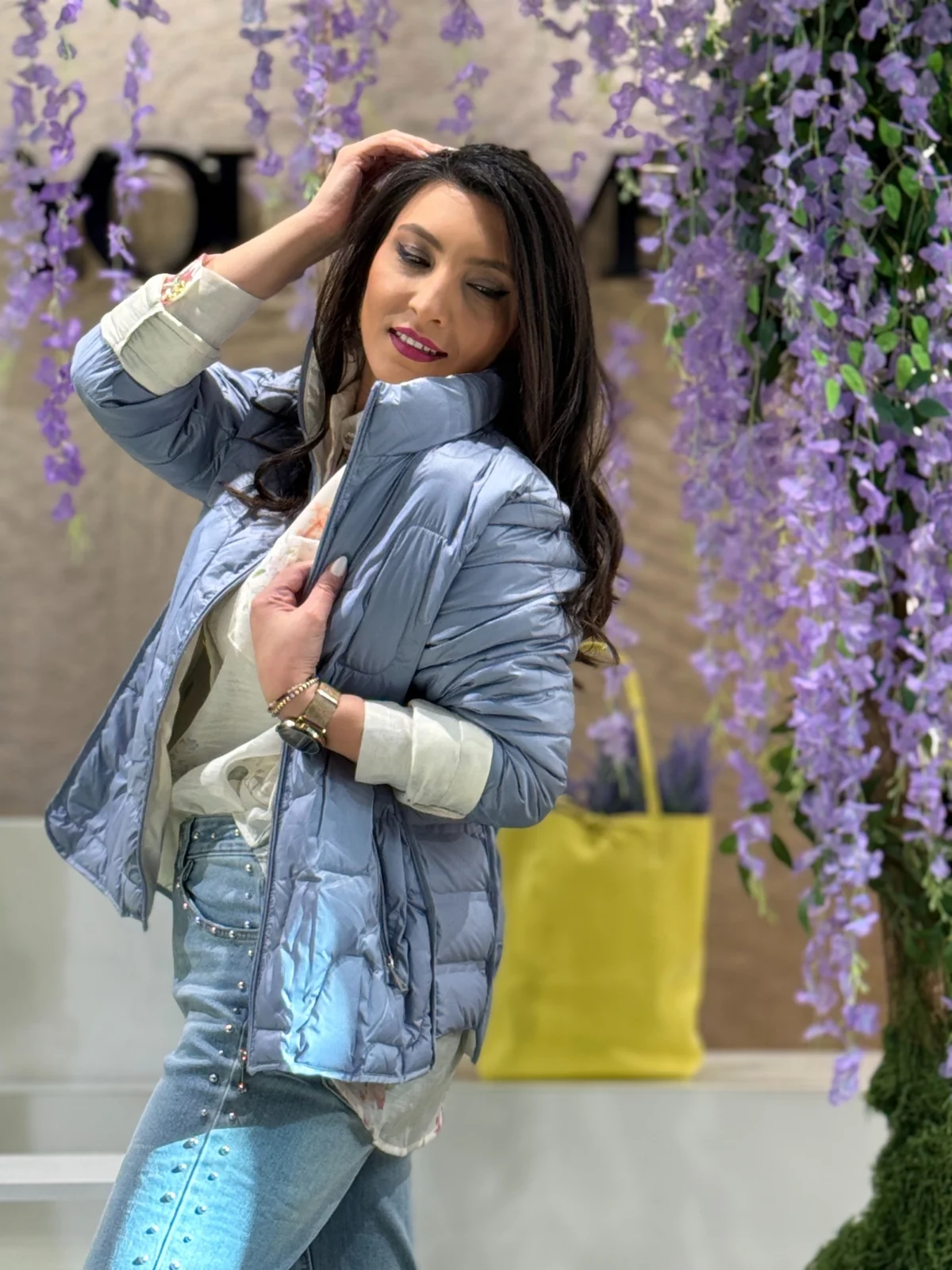 Noutati - Geaca dama bleu matlasata cu guler