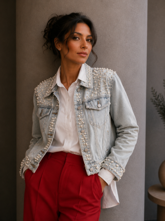 Colectia NOUA - Geaca dama din denim vintage cu perlute aplicate