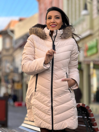 Geaca dama lunga crem cu blana naturala [2]