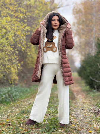 Geci si jachete - Geaca dama lunga maro cu blanita la gluga