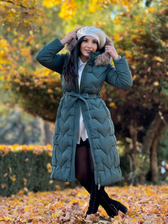 Geaca dama lunga verde cu blana naturala si cordon in talie [3]