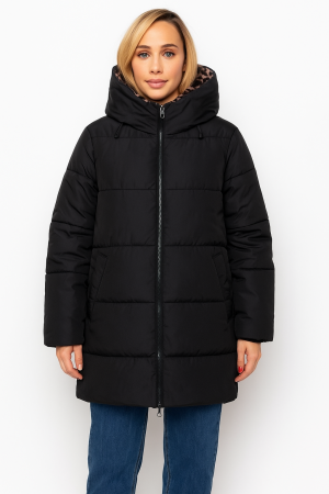 Colectia de TOAMNA - Geaca dama neagra cu gluga si interior animal print