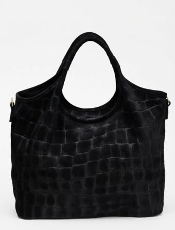 Noutati - Geanta neagra din piele intoarsa si imprimeu crocodil