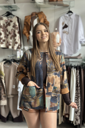 Geci si jachete - Jacheta dama bleumarin din catifea cu imprimeu abstract