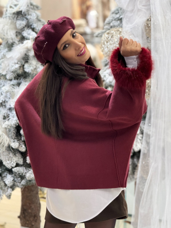 Jacheta dama bordo cu buzunare si blana la maneci [2]