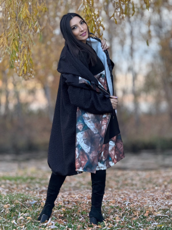 Jacheta dama neagra cu imprimeu colorat si buzunar aplicat [5]