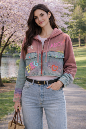 Geci si jachete - Jacheta dama roz din denim cu buzunare aplicate si gluga