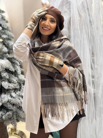 Manusi dama gri lavanda cu carouri si insertie tactila pentru ecrane [1]