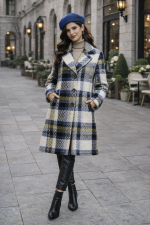 Imbracaminte dama - Haine cu suflet - Palton dama elegant in carouri, cu nasturi si buzunare laterale