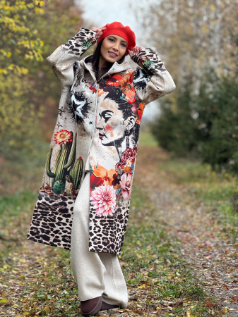 Imbracaminte dama - Haine cu suflet - Palton dama lung bej artistic cu imprimeu Frida si accente florale