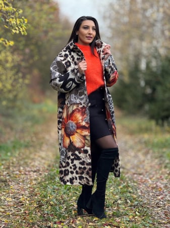 Palton dama lung negru cu imprimeu leopard si detalii florale [2]