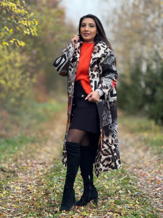 Palton dama lung negru cu imprimeu leopard si detalii florale [3]