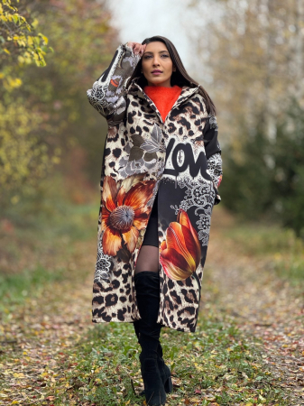 Colectia de TOAMNA - Palton dama lung negru cu imprimeu leopard si detalii florale