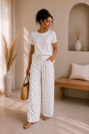 Pantaloni si blugi - Pantaloni dama albi cu buline negre din vascoza