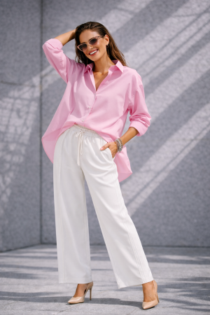 Colectia NOUA - Pantaloni dama albi drepti cu elastic si snur in talie - Pretty Women