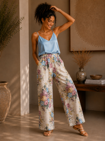 Pantaloni si blugi - Pantaloni dama bej cu imprimeu floral