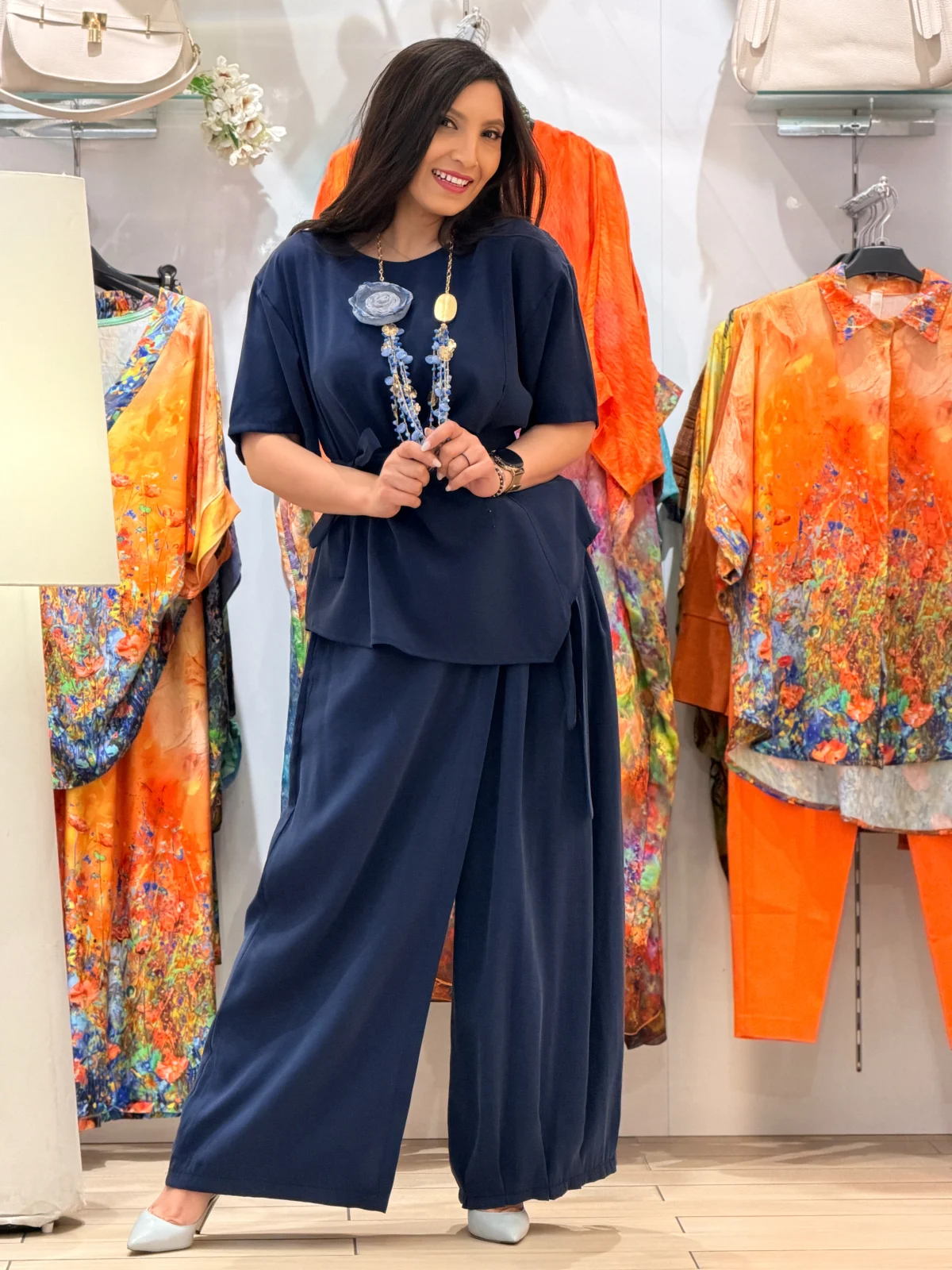 Pantaloni si blugi - Pantaloni dama bleumarin cu funda in talie