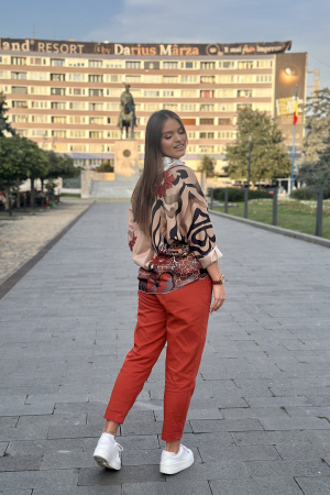 Pantaloni dama caramizi din bumbac cu curea maro [3]